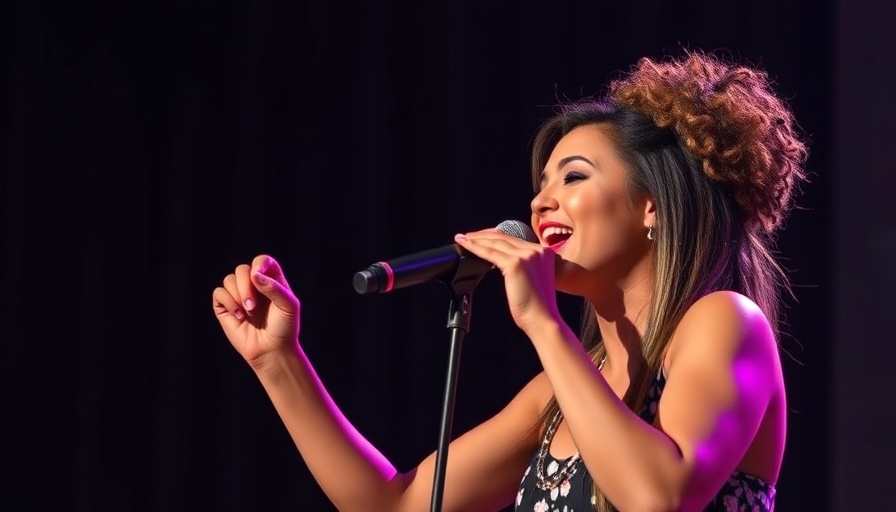 Female singer in vibrant attire performing on stage, Las Vegas entertainment scene.