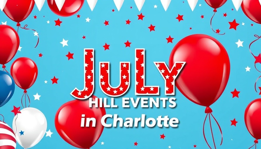 Patriotic July events banner with festive balloons and stars