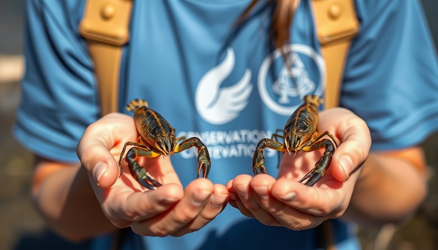 Close-up of hands holding crayfish, Nashville crayfish conservation.