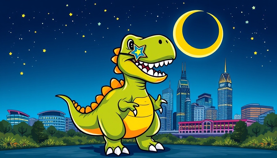 Playful dinosaur in Charlotte skyline promoting budget-friendly events.