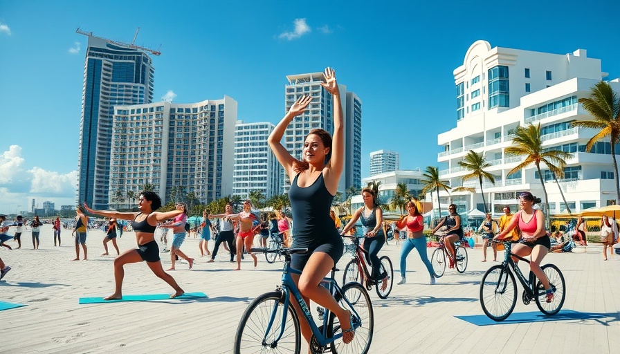 Vibrant Miami Beach scene with active lifestyle focus on Blue Zones Initiative