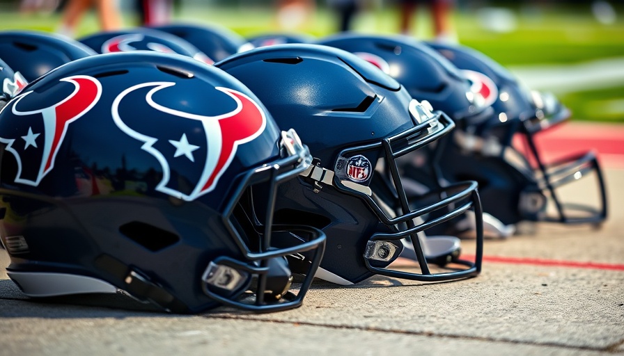 Houston Texans helmets on the ground in bright sunlight.