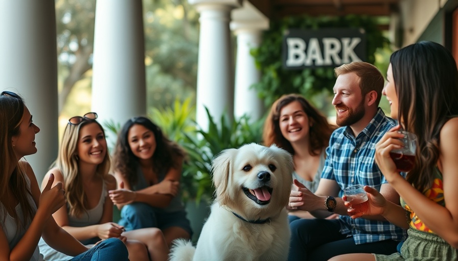 Cheerful group at Bark Bar at Waltonwood Senior Living with people and a dog.