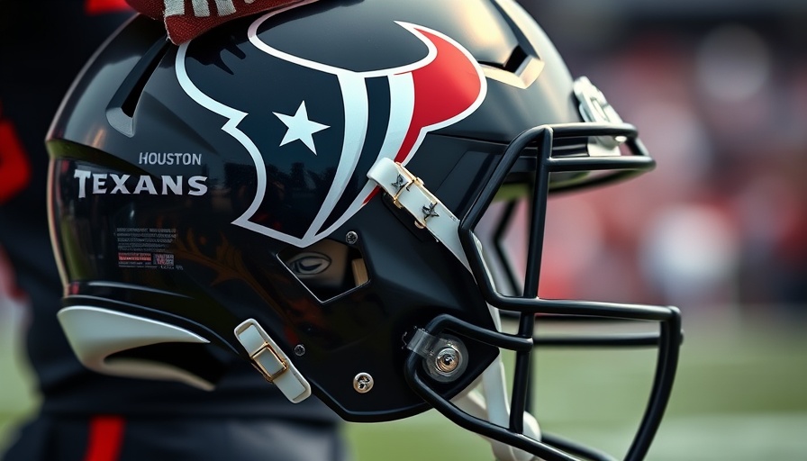 Close-up of Houston Texans helmet held by player, grassy background.