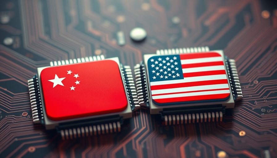 Illustration of AI chips with Chinese and American flags on a digital circuit board.