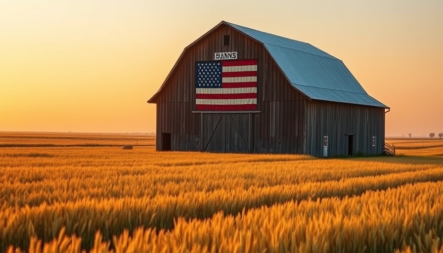 Barn with American flag mural in a golden field at sunset for VIP country music experience.