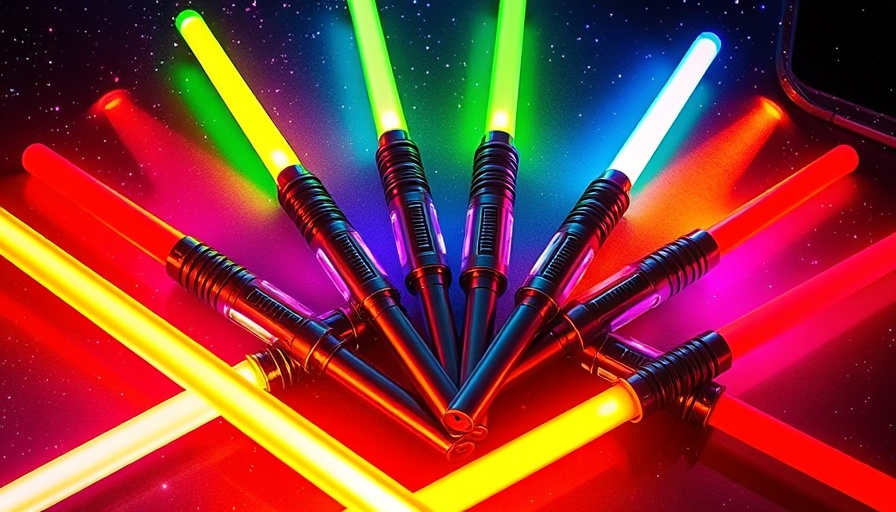 Colorful LED sabers in cosmic backdrop for free LED Saber combat.