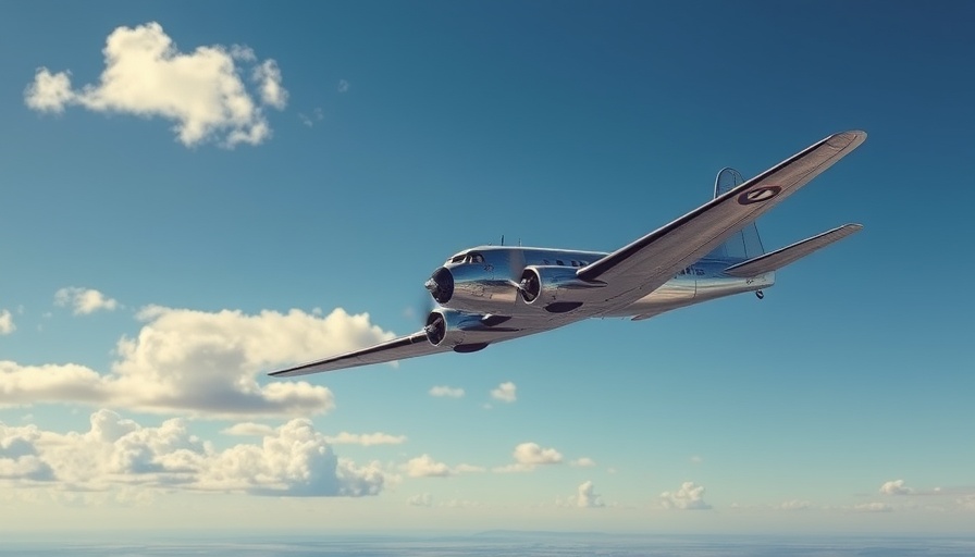 Douglas DC-3 airplane flying high in clear blue sky.