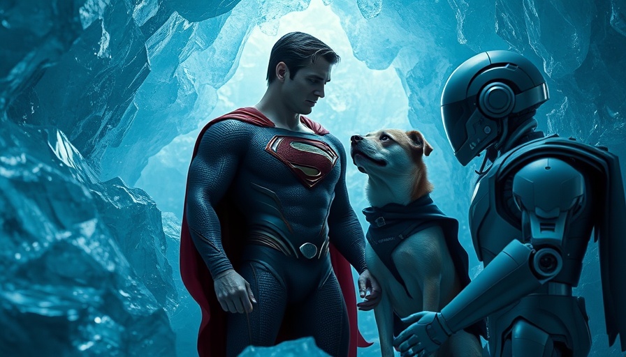 Superman in crystal cave with caped dog and robot, exploring.