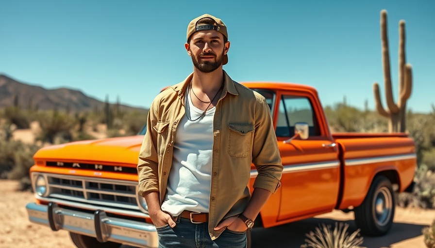 Casually dressed man by vintage truck in sunny desert, Josh Ross #1 at U.S. Country Radio.