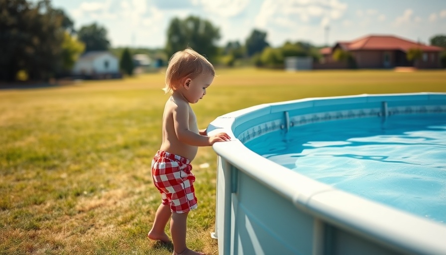 Child near above-ground pool, checking water, sunny day.