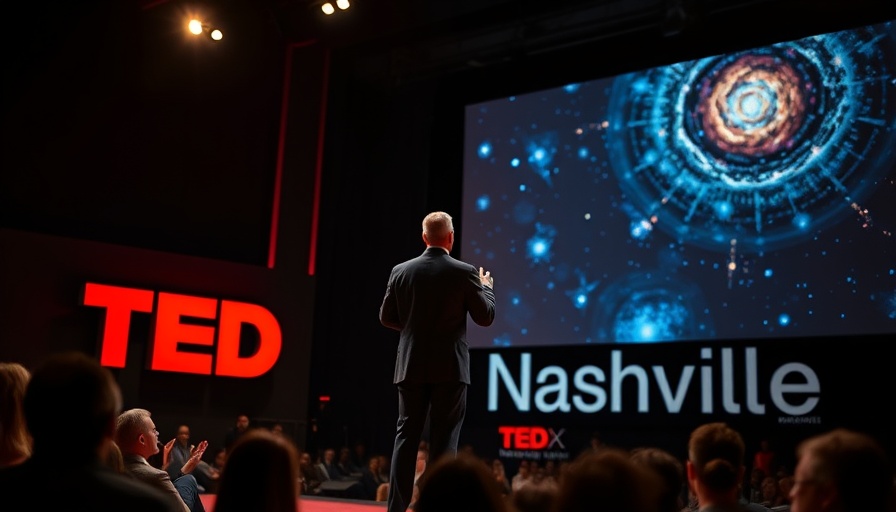 Speaker at TEDxNashvilleWomen event on stage with cosmic projection.