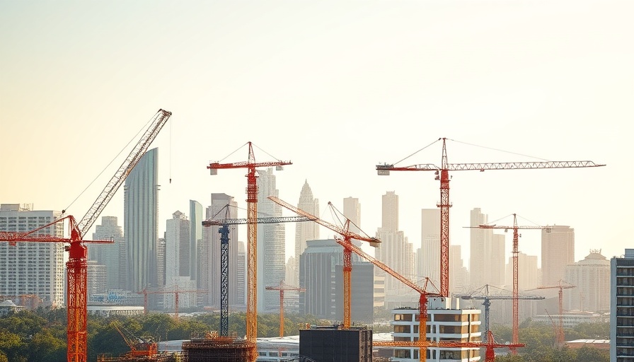 Dynamic Miami skyline with construction cranes.