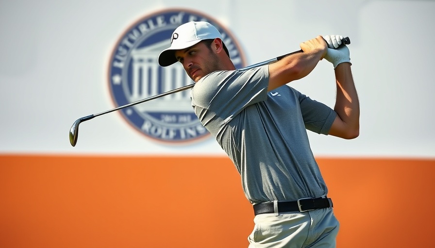 Golfer swinging club at tournament with large emblem backdrop.