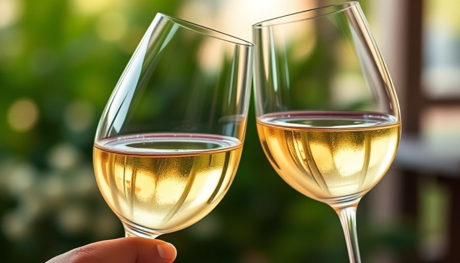 Two glasses of white wine clinking in soft natural light.