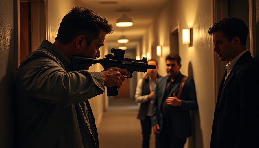 Las Vegas police officer shooting confrontation in a dimly lit hallway.