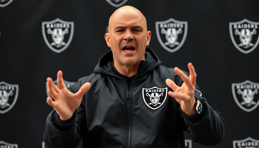 Coach at Las Vegas Raiders training camp gesturing passionately.