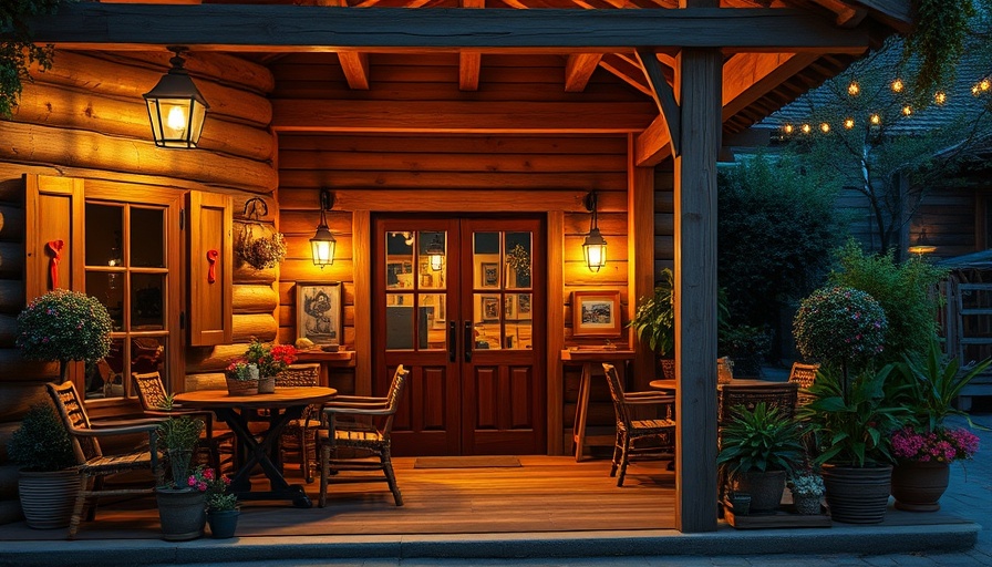 Porch of Papertown’s Porch Restaurant with rustic decor.
