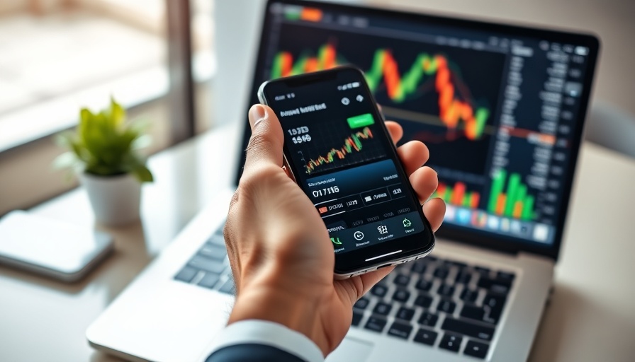 AI trading bots without coding concept; phone and laptop with trading data.