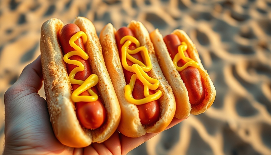Chowhound hot dogs at the beach with mustard in hand, sunny day.