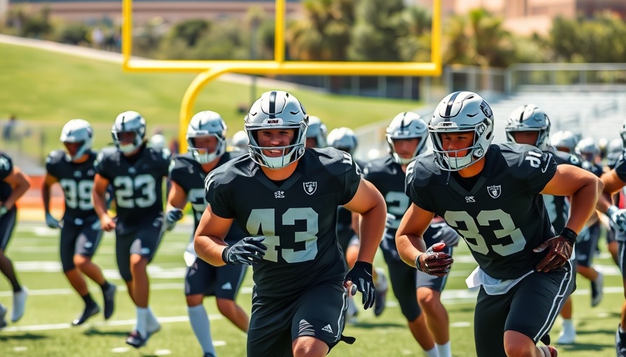Las Vegas Raiders players practicing on a sunny day.