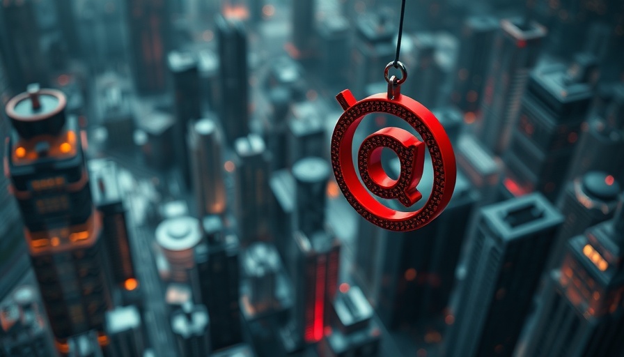 Digital landscape with at-symbol on hook representing phishing.
