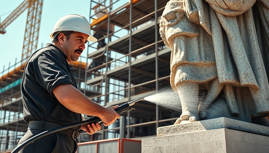 Worker restoring Albert Pike statue using pressure washer, construction site visible.