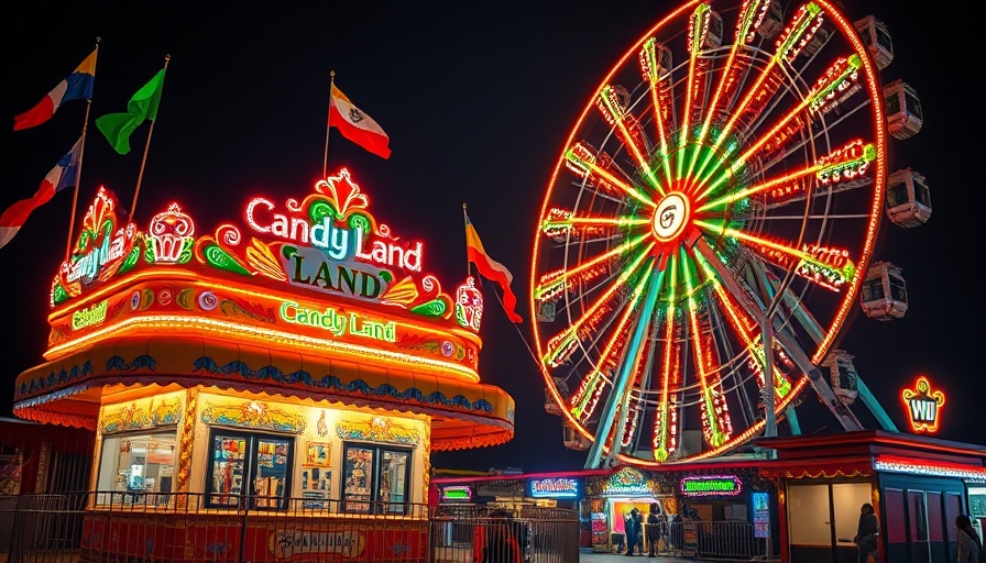Vibrant carnival scene in Atlanta with Candy Land booth and Ferris wheel.