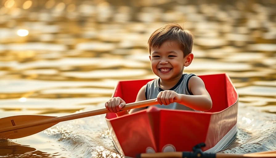 Young boy paddles in a red cardboard boat during Las Vegas cardboard boat race.
