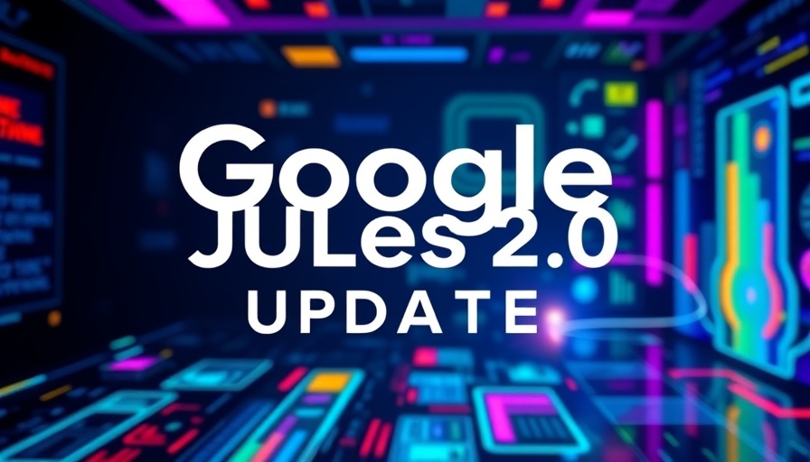 Google Jules 2.0 Update digital banner with bold text and AI interface.
