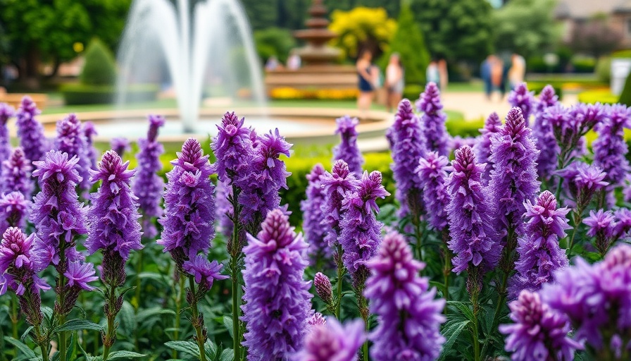 Lush garden with purple flowers and fountain in Charlotte.
