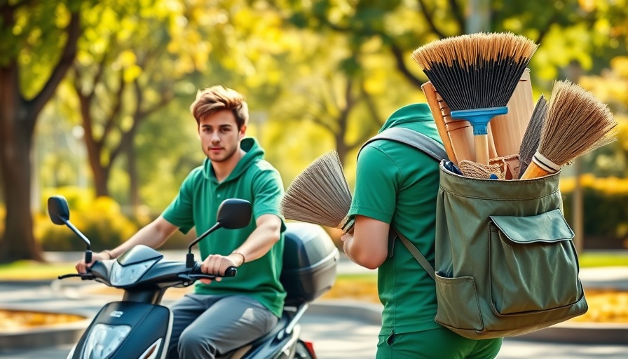 Efficient 10-minute house help delivery service on a scooter in a park setting.