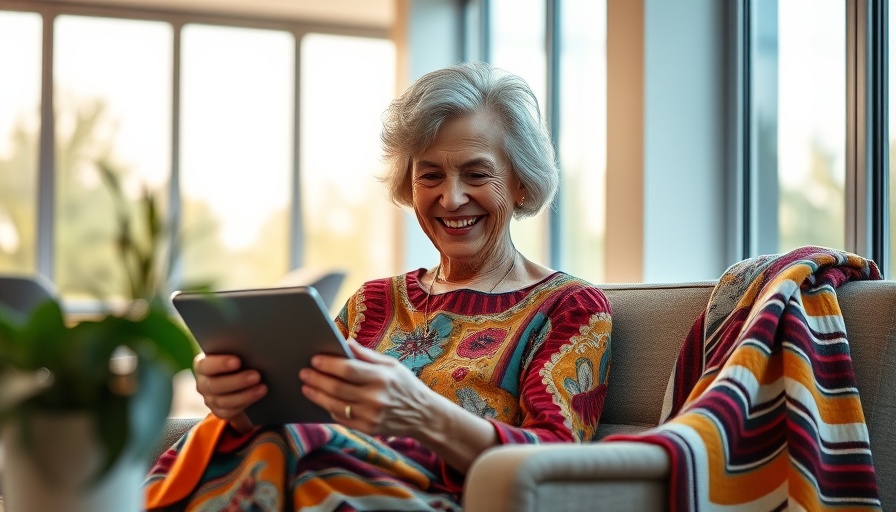 Elderly woman using a tablet at home, health technology theme