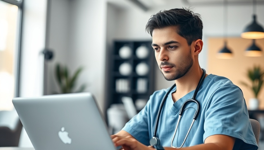 Healthcare professional studying cybersecurity training materials on a laptop in a modern office.