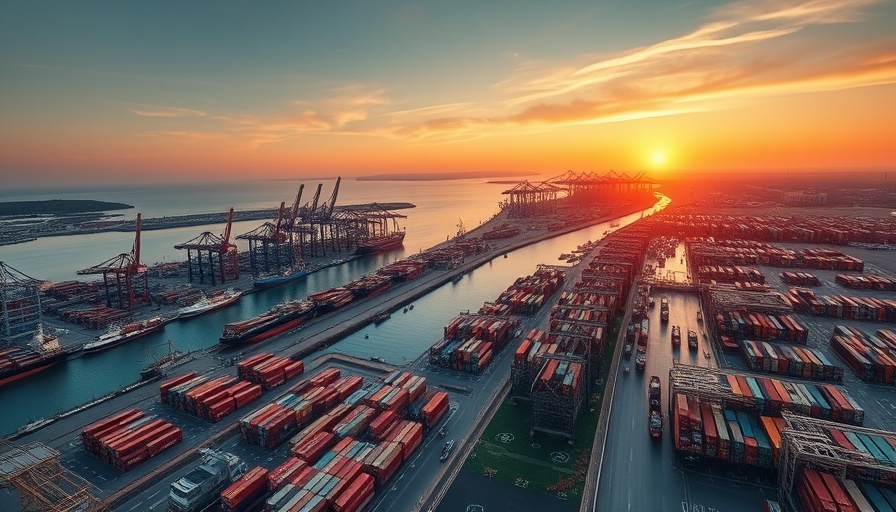 Aerial view of a bustling port in Louisiana at sunrise showcasing maritime activities.