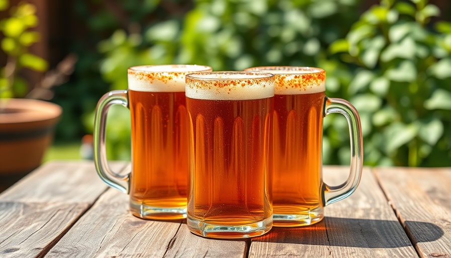 Seasoned beer mugs with spicy rims on a wooden table outdoors, vibrant setting.