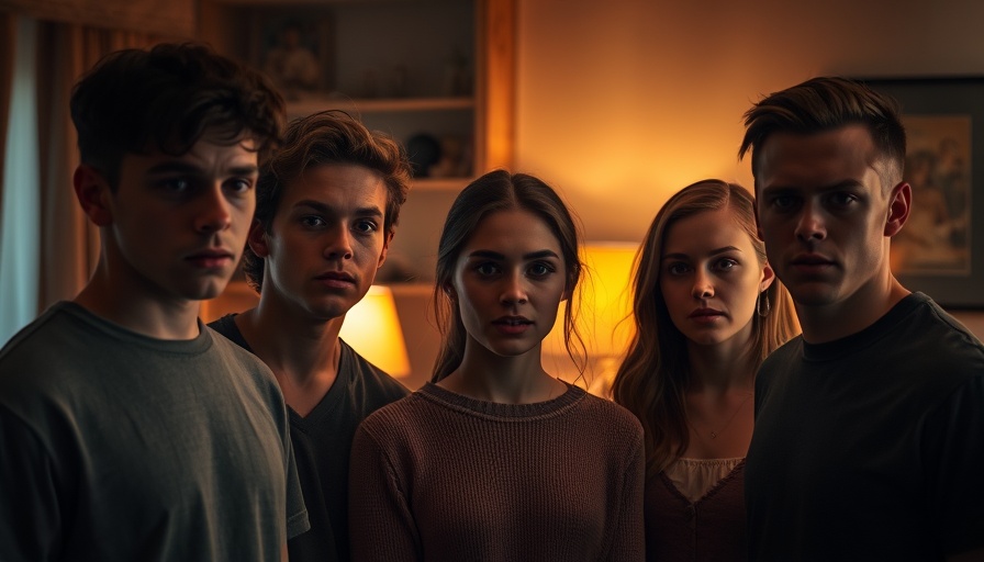 Group of individuals standing alert in a dimly lit room.