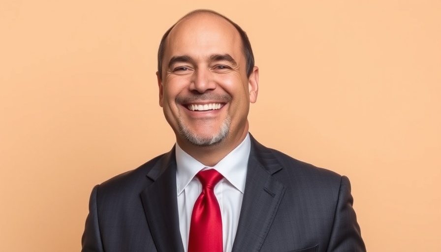 Smiling man in suit and red tie with warm background
