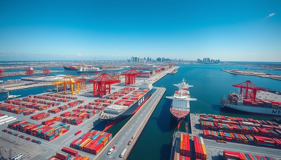 Aerial view of Port NOLA with cargo ships and containers under a blue sky.
