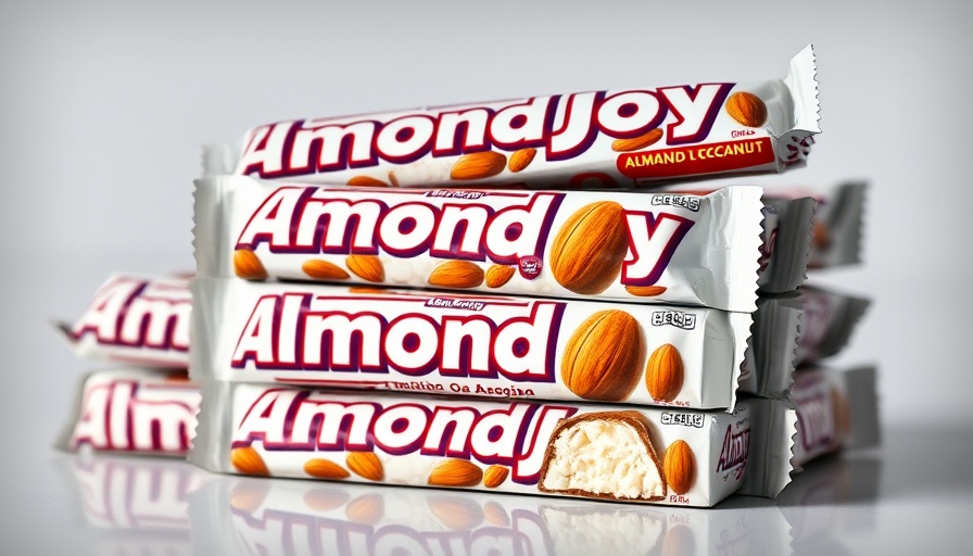Commercial Almond Joy bars, vibrant blue packaging.