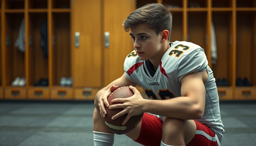 Young football player in a locker room holding a ball, contemplating.