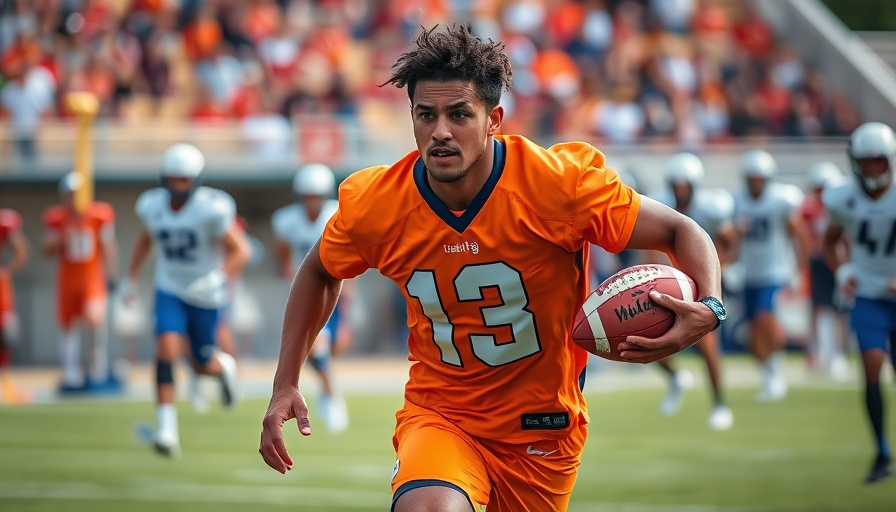Athlete practicing football with focused expression.
