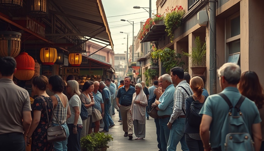 People queuing outside mids market in a vintage Miami scene.