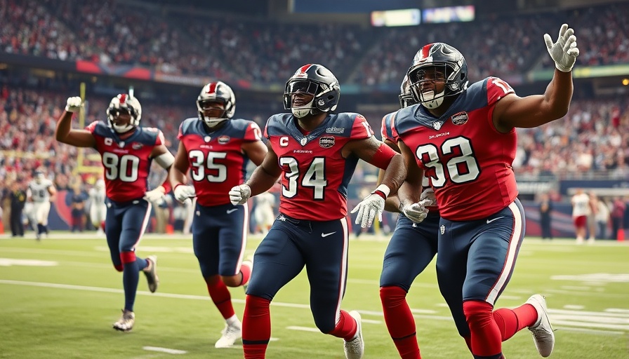 Houston Texans players celebrate on the field highlighting Woody Marks' impact.