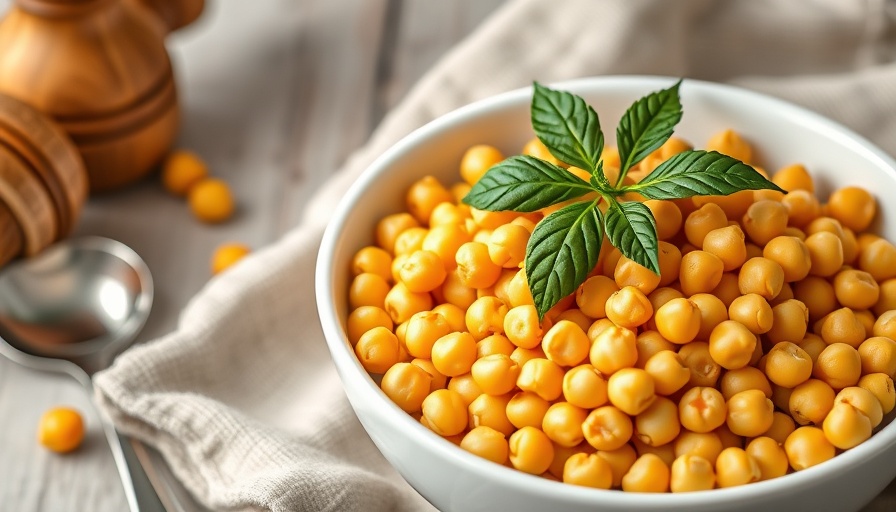 Fresh chickpeas in a bowl on a linen cloth with kitchen items.