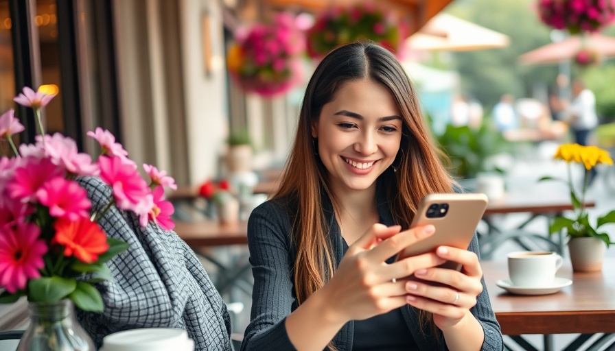 Woman using smartphone with AI dating chatbots in a cafe.