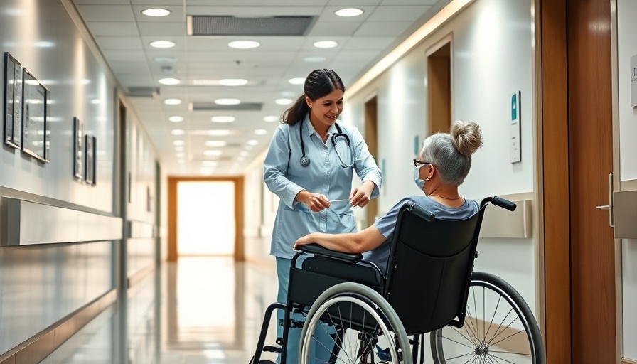 Patient in wheelchair with healthcare worker in modern hospital