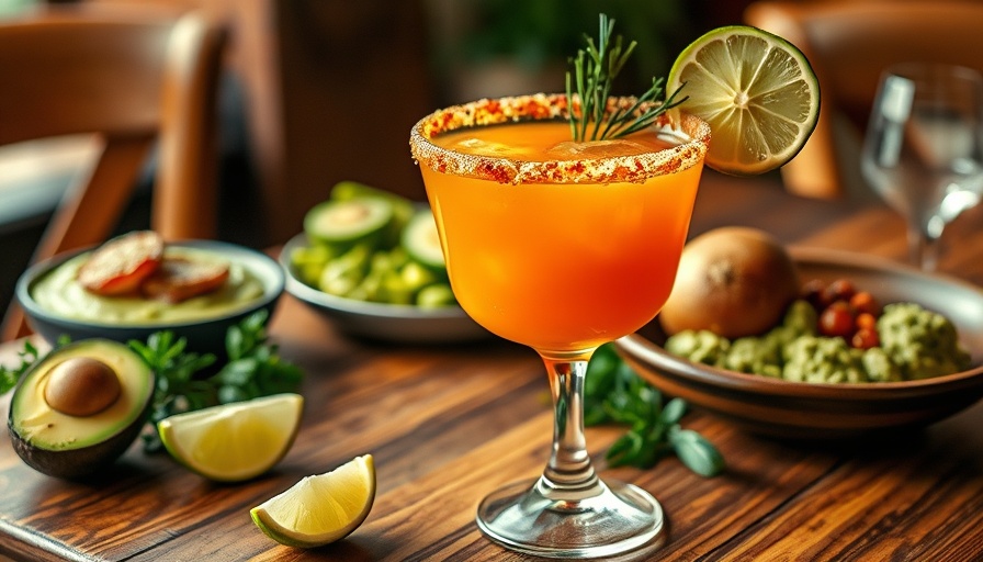 Fruit puree cocktail with herb garnish on rustic table.
