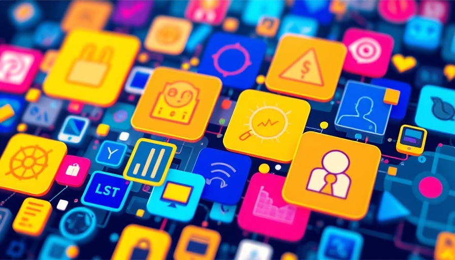 Colorful digital icons illustrating technology and data flow.