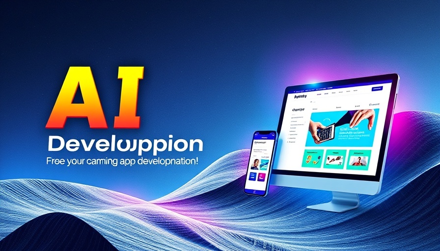 AI app development tool promotional design with interface and text